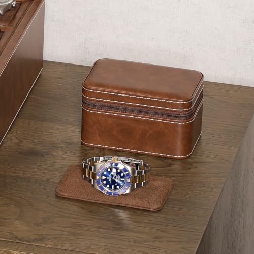 ROTHWELL 2 Watch Travel Case for Men | Compact PU Leather Protective Box with Microsuede Interior | Fits Watches & Smartwatches Up to 55mm (Tan/Brown) - Image 3