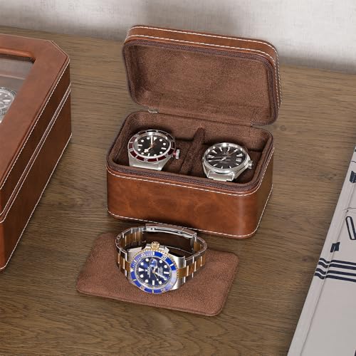 ROTHWELL 2 Watch Travel Case for Men | Compact PU Leather Protective Box with Microsuede Interior | Fits Watches & Smartwatches Up to 55mm (Tan/Brown) - Image 2