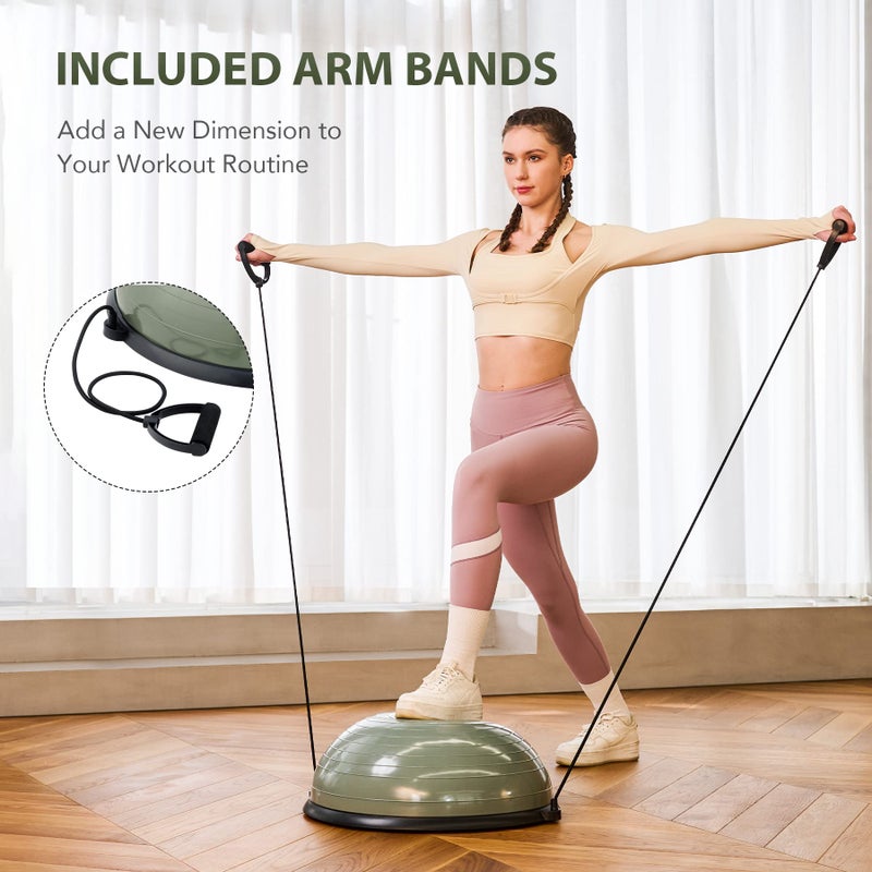 ZELUS Balance Ball Trainer with Resistance Bands and Foot Pump, Inflatable Yoga for Home Gym Workouts, 23 Inch Exercise Half Training Core Strength Fitness More, 330lb Cap, Matcha green - Image 5