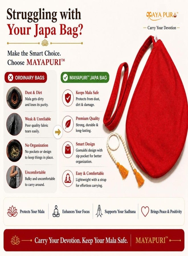 MAYAPURI حقيبة MAYAPURI الأصلية المصنوعة من القطن الخالص Gomukhi Japa Mala/حقيبة ترديد أو حقيبة خرز/Jholi/Thole مع جيب بسحاب وعداد Sakshi Mala (أحمر) - Image 5
