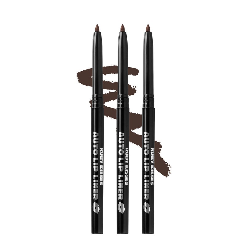 Ruby Kisses Auto Lip Liner Pencil (Dark Brown 3 Pack), Long Lasting & Non-Fading, Smooth Application, Non-Feathering with Rich Pigmented Color, No Sharpener Needed, Ideal for Full Lips Look - Image 1