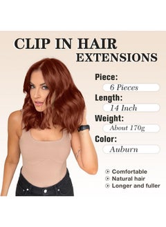 NAYOO Clip In Hair Extensions For Women 14 Inch Short Wavy Curly Auburn Hair Extension Full Head Synthetic Hair Extension Hairpieces(6Pcs,Auburn)  - Image 1