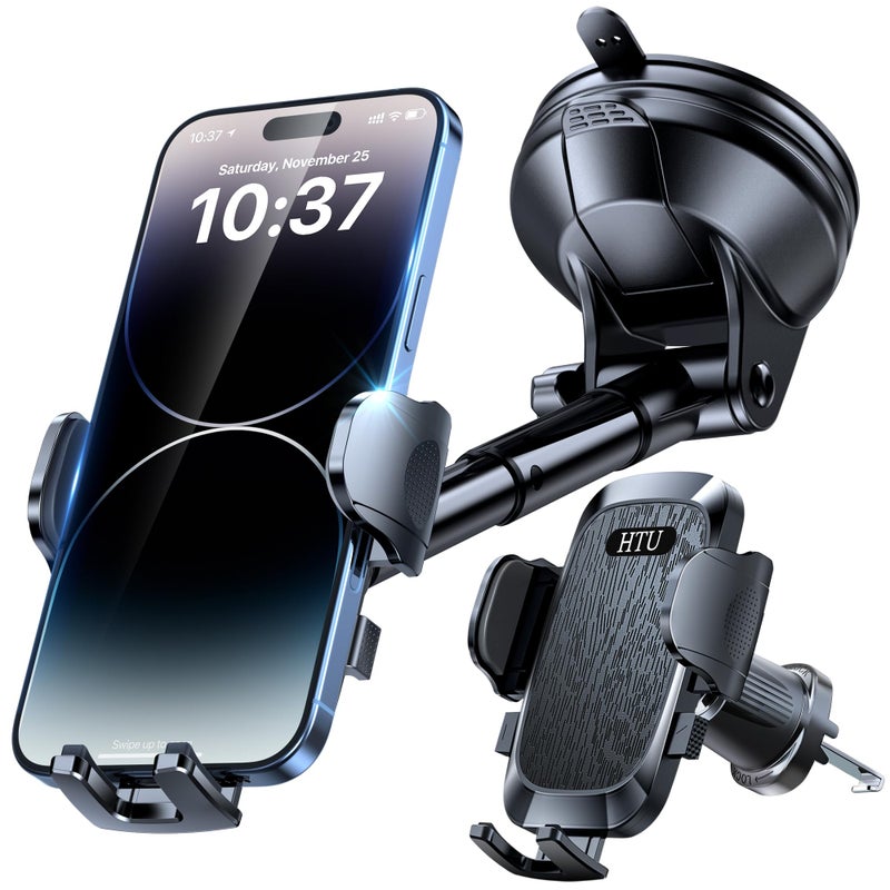 HTU [2026 True Military-Grade] Car Phone Holder [Upgraded Strongest Suction & Clip] Cell Phone Mount for Dashboard Windshield Vent,Truck Cradle Stand for iPhone 16 Pro Max Samsung Android (Black) - Image 1