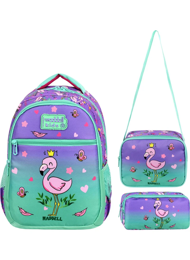واديل Licensed Lilac-Water Green Flamingo Patterned Girls Primary School Backpack, Lunch Bag and Pencil Case