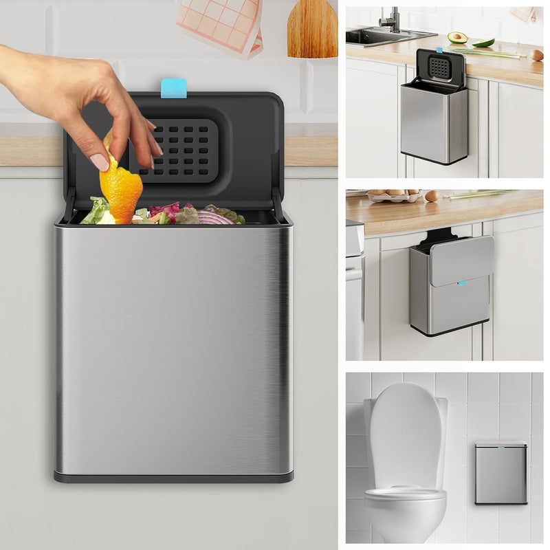 LINSSEN Stainless Steel Hanging Trash Can with Lid and Inner Bucket, 2 Gallon Kitchen Compost Bin for Counter Top, Under Sink or Wall Mount, Small Garbage Can for Cupboard/Bathroom/Bedroom/RV - Image 1