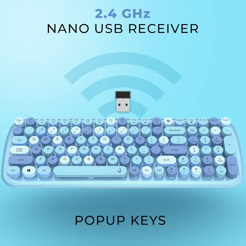 iGear KeyBee Retro Typewriter Inspired 2.4GHz Wireless Keyboard with Mouse Combo for Desktop/Laptop and Devices with USB Support, Single Nano Receiver, Round Keycaps, Cleaning Brush (White) (Blue) - Image 2