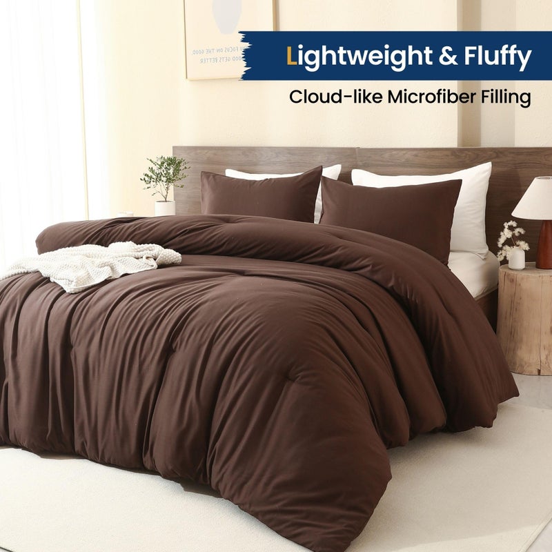 Paxrac Earthy Brown Comforter Full Size, Neutral 3 Pieces Comforter Set, Lightweight Solid Bedding Set, All Seasons Soft Fluffy Full Comforter Set (80x90In Comforter & 2 Pillowcases) - Image 3