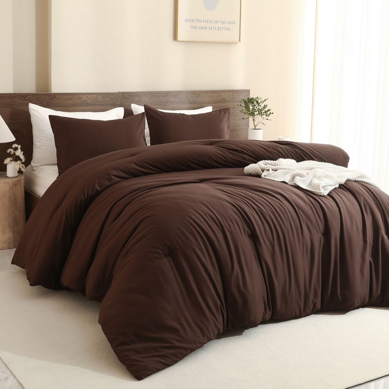 Paxrac Earthy Brown Comforter Full Size, Neutral 3 Pieces Comforter Set, Lightweight Solid Bedding Set, All Seasons Soft Fluffy Full Comforter Set (80x90In Comforter & 2 Pillowcases) - Image 1