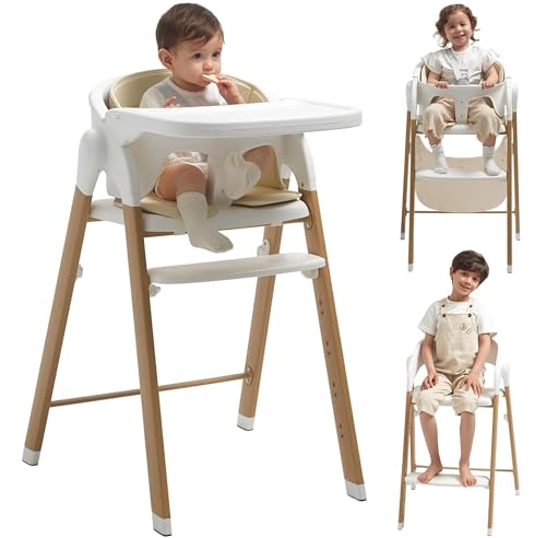 KUB High Chair for Babies and Toddlers Adjustable Foldable Convertible 5 Point Harness Easy Clean WoodPrinted Metal with Removable Tray Baby Highchair for Family WhiteNatural WoodPrinted Metal