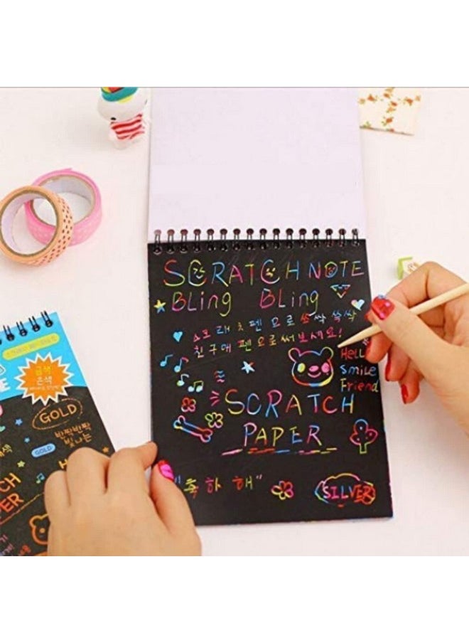 deziine deziine�Kid's Rainbow Scratch Book Magic Doodle Art Activity 2 Notebooks Or Note Pad of 8 Pages with One Stick for Arts and Crafts Kids Return Gift (Multicolor, Small Size, Pack of 2)  - Image 2