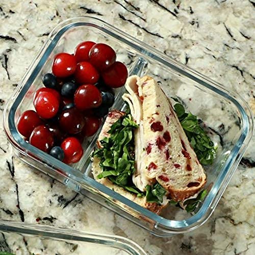 RIGJAK 2 Compartment Rectangular Glass Square Glass Tiffin Box with Clamp Plastic Multi Color Lid 1000ML - Image 2