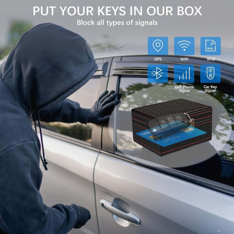RFID Blocking Faraday Box Car Key Fob Signal Blocker With Locking Mechanism Carbon Fiber Case Anti Theft Security Box For Smart Keys Garage Parking Storage S - Image 4