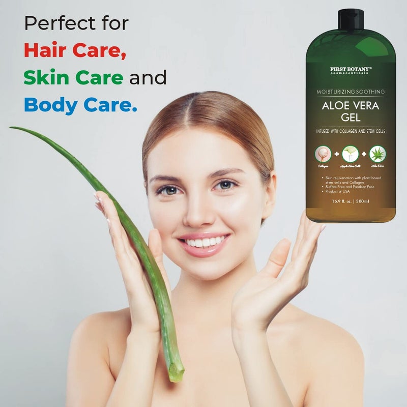 First Botany, Pure Aloe vera gel 100% Fresh Pure Aloe Infused with Stem Cells, Collagen Tea Tree Oil Natural Raw Moisturizer for Face Skin Body Hair Perfect for Sunburn, Acne, Razor Bumps 16.9 fl oz - Image 5
