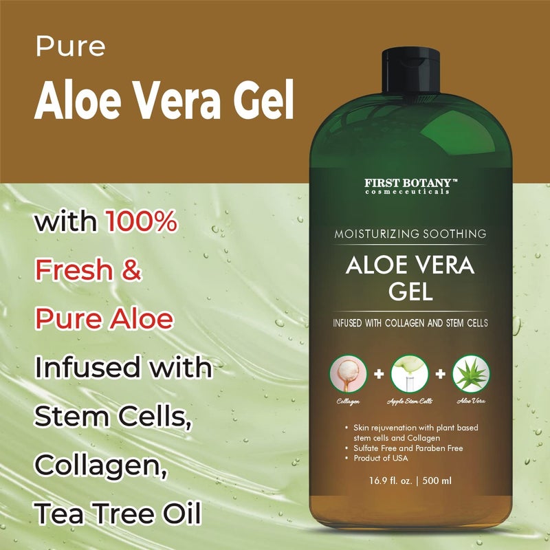 First Botany, Pure Aloe vera gel 100% Fresh Pure Aloe Infused with Stem Cells, Collagen Tea Tree Oil Natural Raw Moisturizer for Face Skin Body Hair Perfect for Sunburn, Acne, Razor Bumps 16.9 fl oz - Image 4