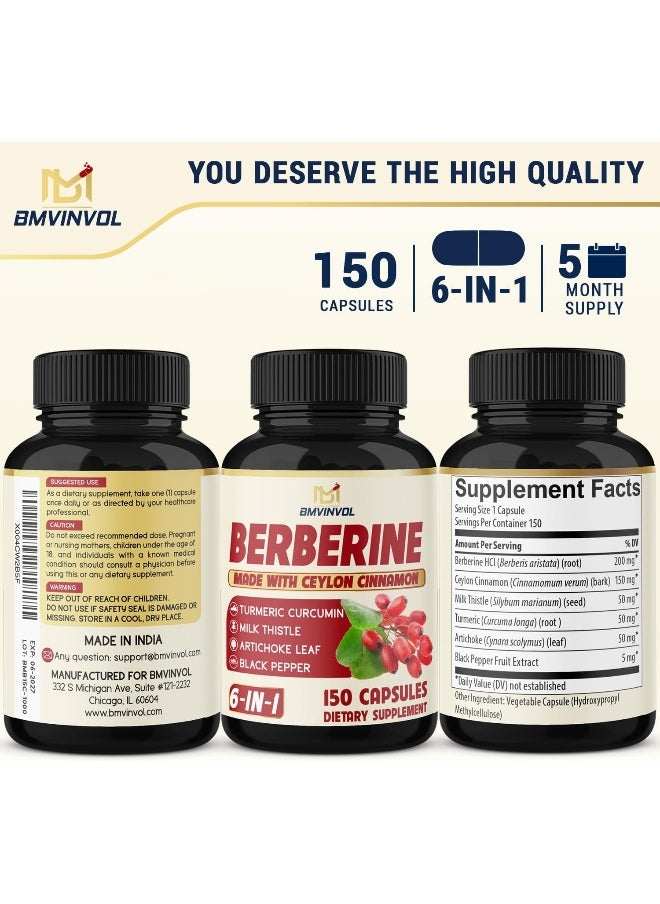 BMVINVOL - Berberine Supplement Equivalent to 4700mg - 5 Months Supply - High Potency with Ceylon Cinnamon - Supports Immune System, Cardiovascular & Gastrointestinal Function - Berberine HCl Supplement Pills - Image 1