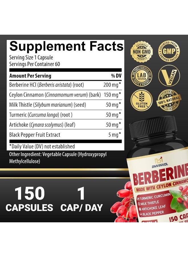 BMVINVOL - Berberine Supplement Equivalent to 4700mg - 5 Months Supply - High Potency with Ceylon Cinnamon - Supports Immune System, Cardiovascular & Gastrointestinal Function - Berberine HCl Supplement Pills - Image 1