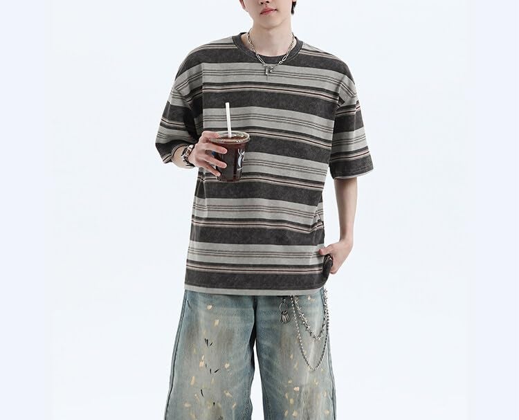 POHADON Men's Y2K Striped Baggy T-Shirt Alt Emo Summer Crewneck Short Sleeve Streetwear Top Harajuku Grunge Aesthetic Tees (Gray,Large) - Image 5