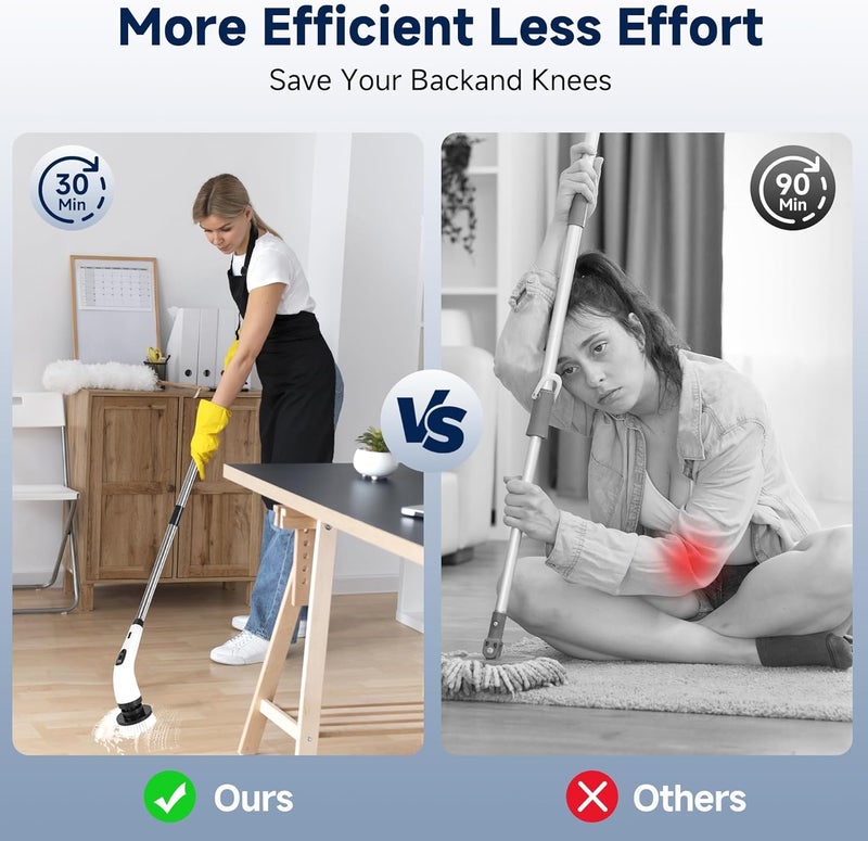KASTWAVE Cordless Electric Spin Scrubber, Cleaning Brush Scrubber for Home, 380RPM/Mins-9 Replaceable Brush Heads-90Mins Work Time, 3 Adjustable Size, 2 Speeds for Bathroom, Bathtub, Glass, Car, Floor, Tile - Image 3