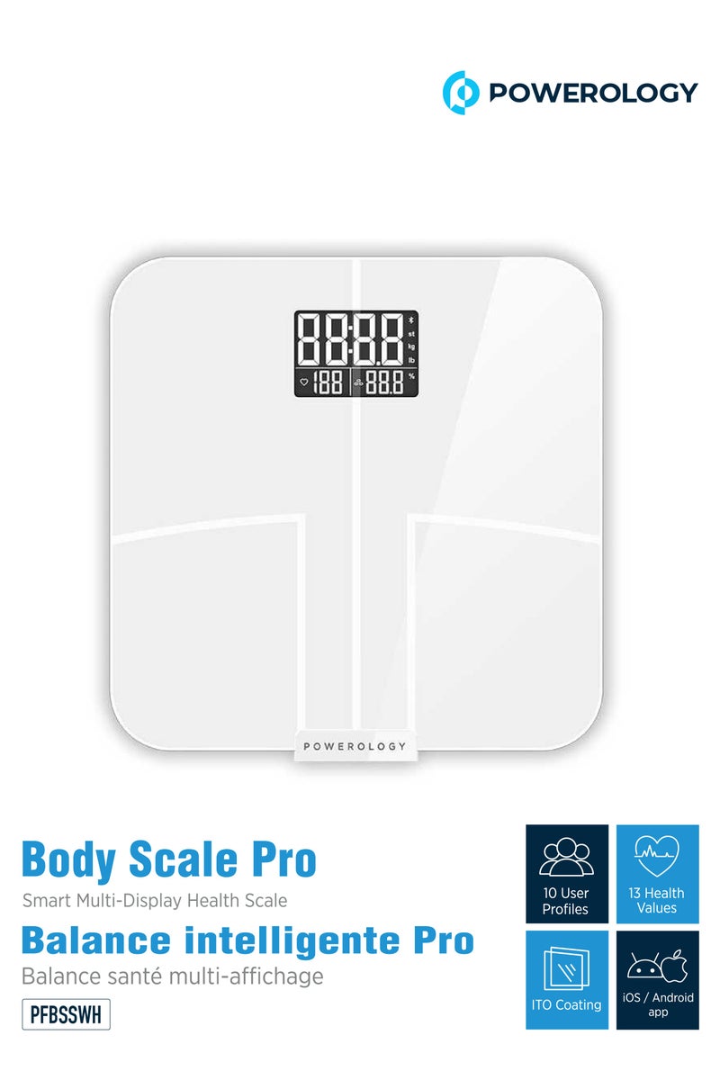 Powerology Smart Body Scale Pro/Wifi Smart Scale with Full Body Composition/ Tracks Weight, Body Fat, Water, Muscle, Bone Mass/ Up to 10 User Profiles/Compatible with Fitbit, Apple Health & Google Health - White - Image 1