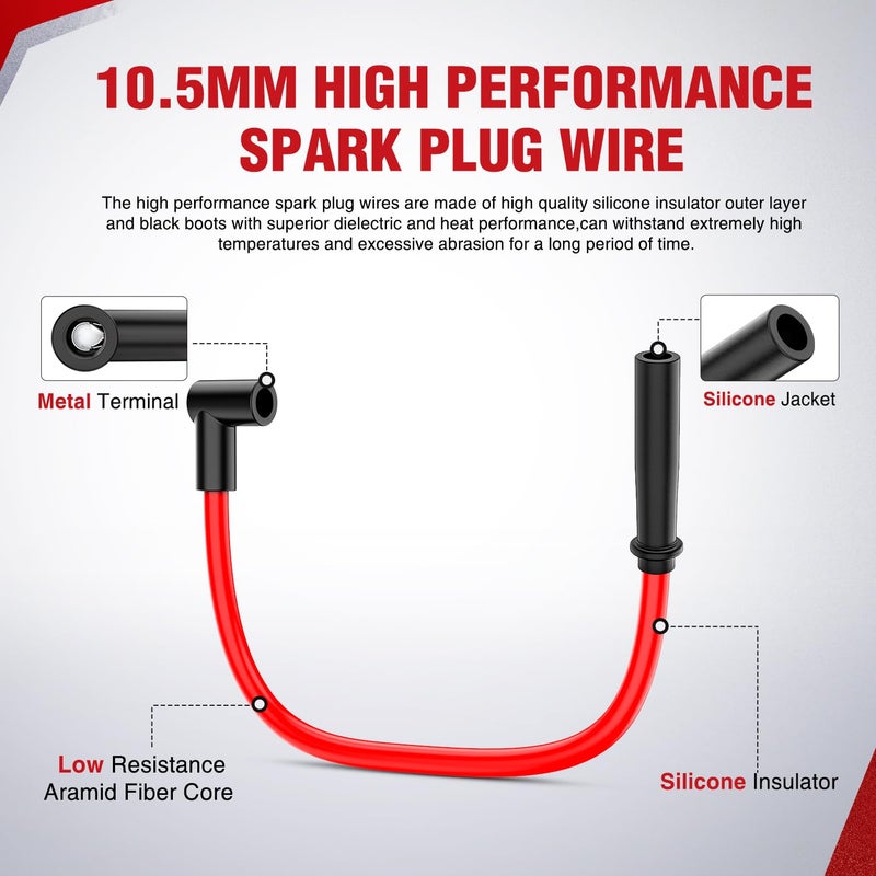 Nilight Spark Plug Wire 10.5 mm Straight Boots High Performance Ignition Wire Compatible with Chevy SBC BBC 305 350 454 Electronic V8 Engine with HEI Distributor - Image 3