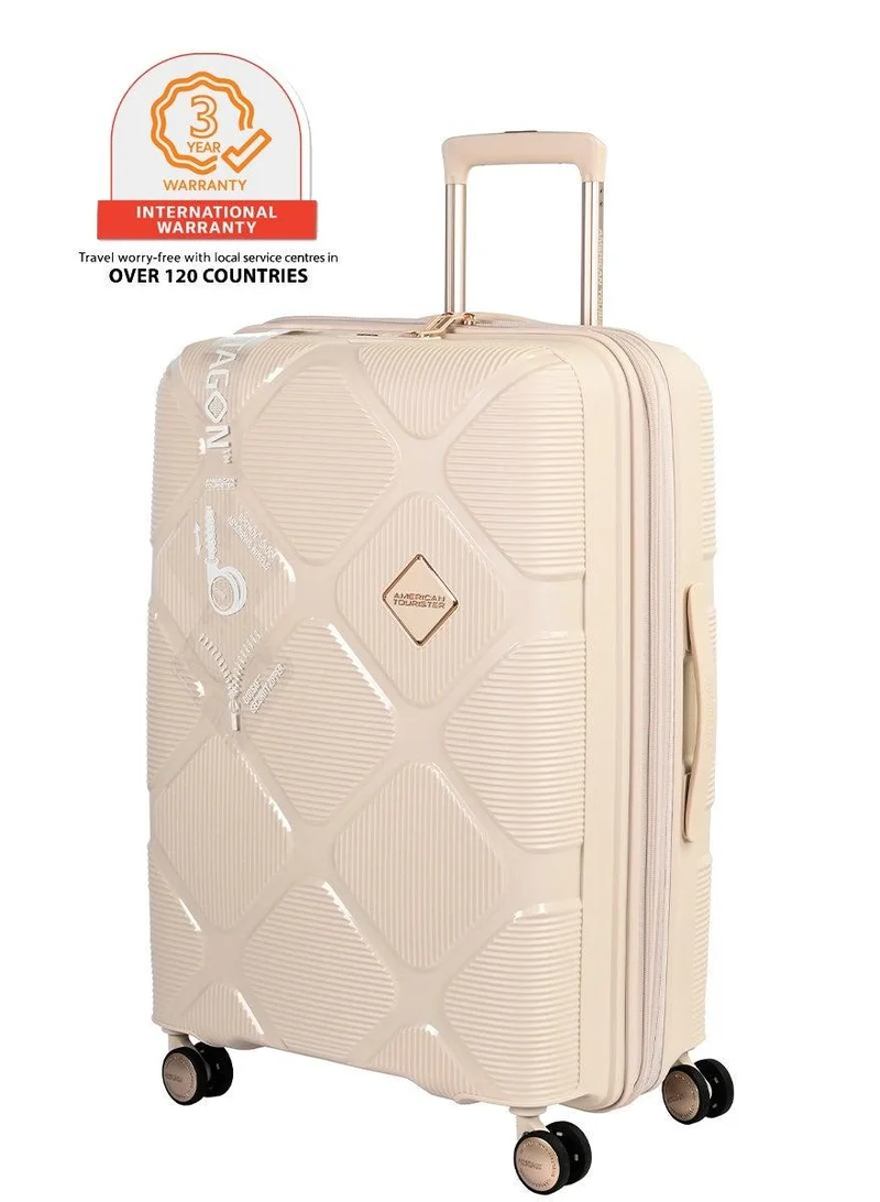 AMERICAN TOURISTER instagon suitcase, check-in size 69 cm / 25 inch, 4 double wheels, hard top, polypropylene, cream|duosaf™ security zipper|tsa 008 lock|optimov™ shock absorbing wheels|expandable - 3 years international warranty