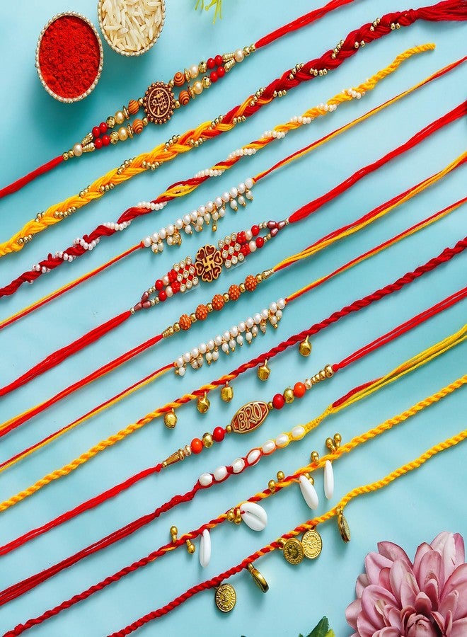 iinfinize 12 Pcs Rose Rakhi Kundan Jari Work Cotton Thread Handmade Floral Brother And Sister Rakhi Bracelet Pearls Silk Wristband Rakhi - Image 2
