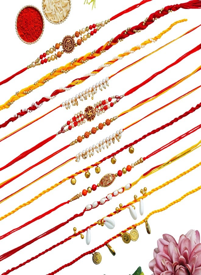 iinfinize 12 Pcs Rose Rakhi Kundan Jari Work Cotton Thread Handmade Floral Brother And Sister Rakhi Bracelet Pearls Silk Wristband Rakhi - Image 1