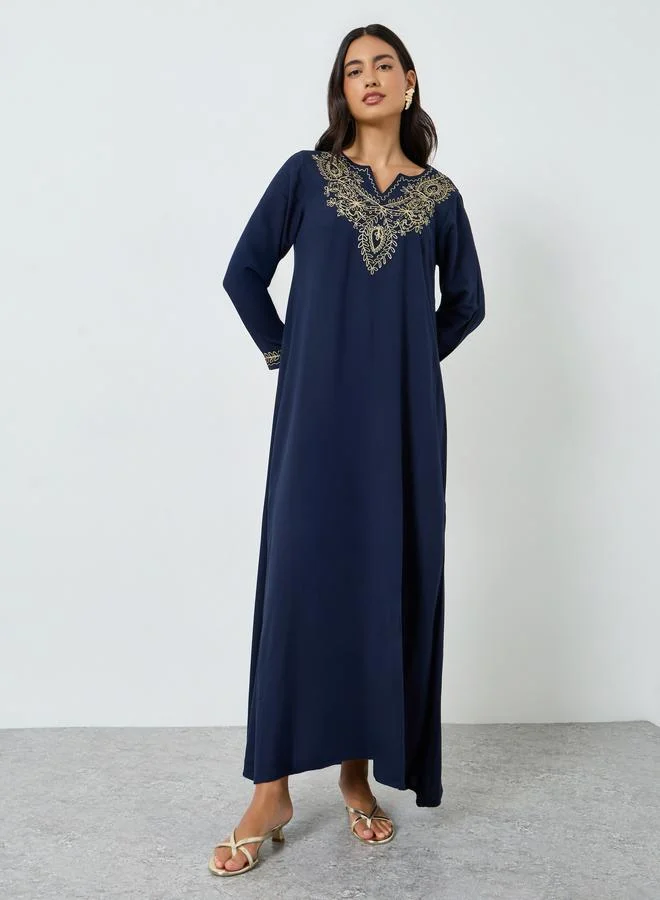 Navy Blue Embroidered Notch Neck Jalabiya