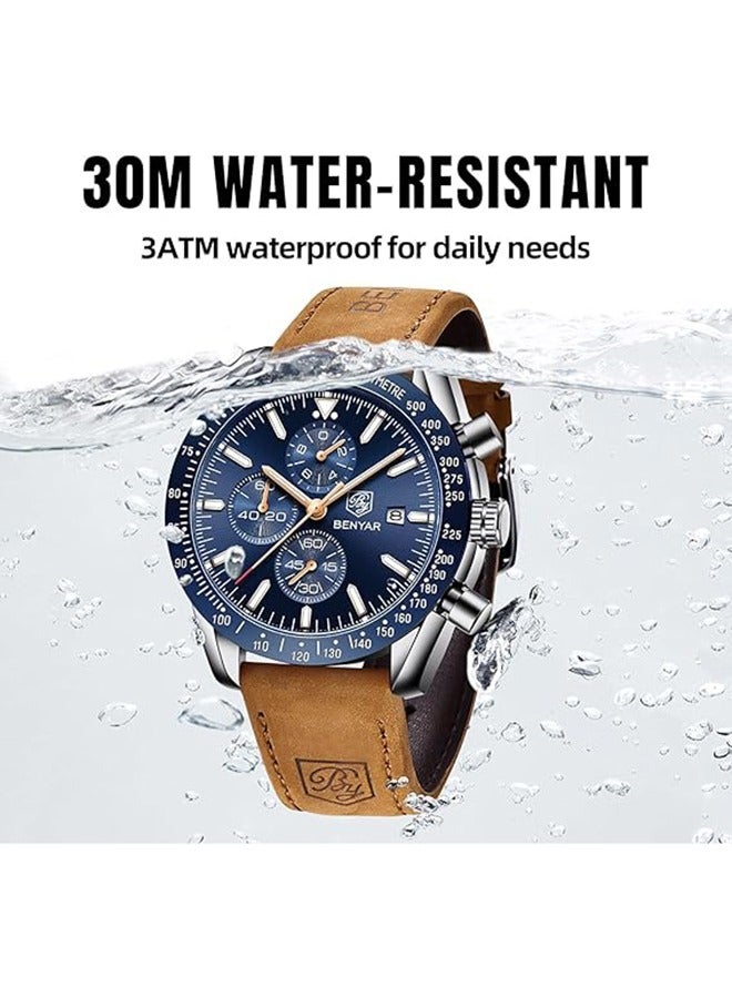 BENYAR Luxury Quartz Men's Watches Waterproof Sports Chronograph Wrist Watch With Leather Band Wristwatch For Men - Image 2