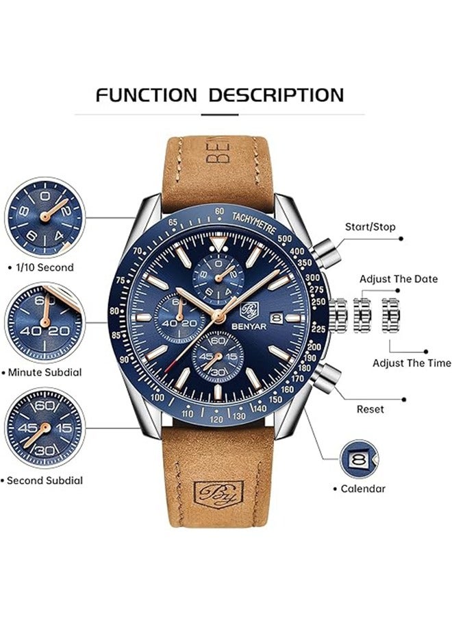 BENYAR Luxury Quartz Men's Watches Waterproof Sports Chronograph Wrist Watch With Leather Band Wristwatch For Men - Image 5