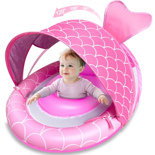 AMENON Baby Float with Canopy for Age 636 Months UPF50 Sun Protection 4 Stage Adjustable Canopy Dual Air Chambers Adjustable Safety Seat Inflatable Swim Pool Float for Baby Toddler - Image 1