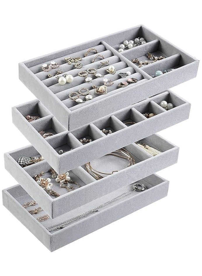 Set of 4 Stackable Jewelry Organizer Trays for Drawers, Jewelry Drawer Inserts Container Display Case Storage for Earring Necklace Rings Bracelet with Removable Dividers - Grey - Image 1