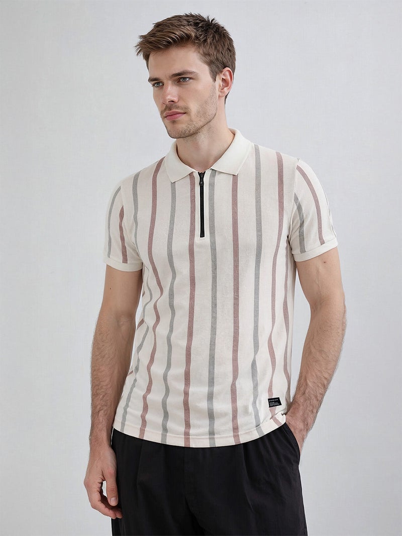 STATUS QUO Striped Regular Fit Off-White Polo Collared T-shirt - Image 2