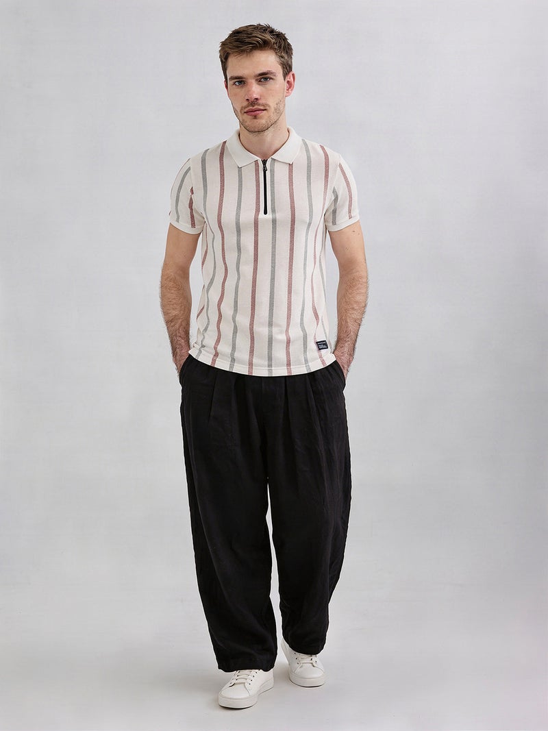 STATUS QUO Striped Regular Fit Off-White Polo Collared T-shirt - Image 5