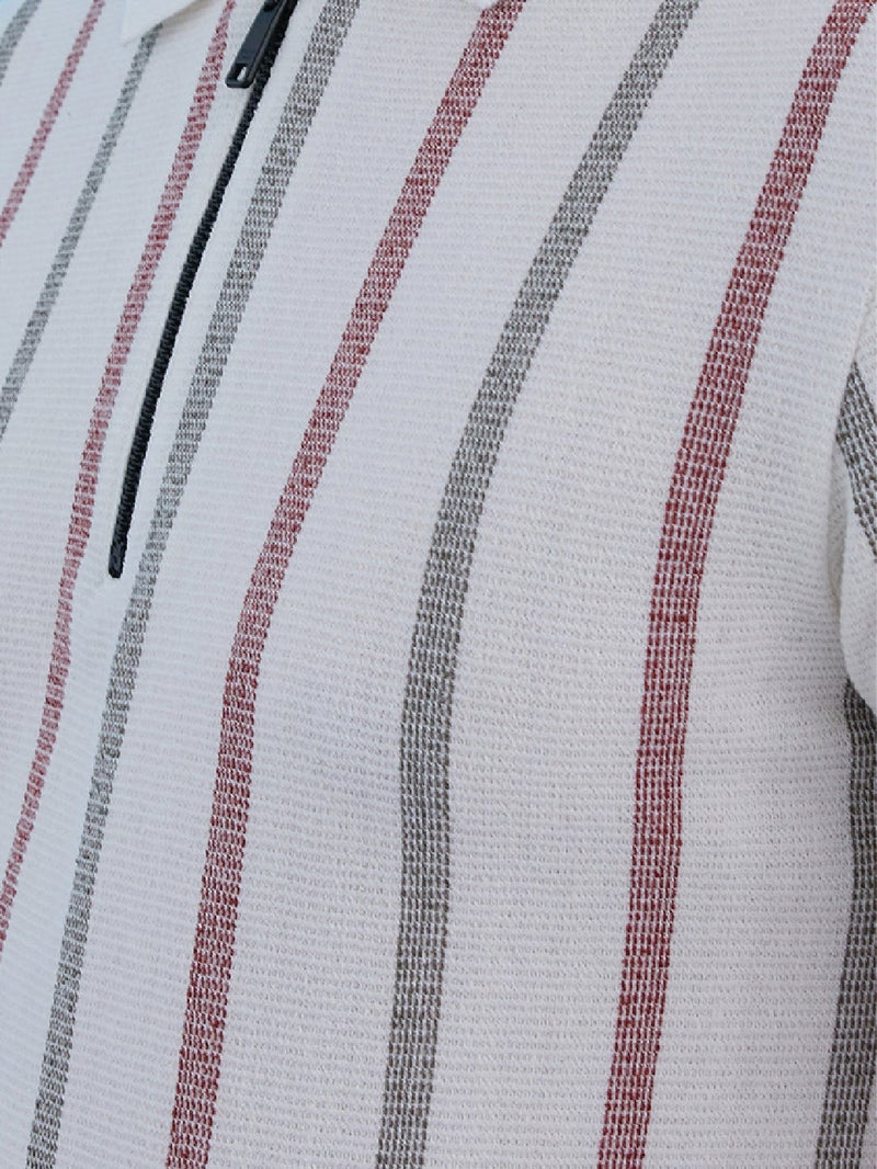 STATUS QUO Striped Regular Fit Off-White Polo Collared T-shirt - Image 4