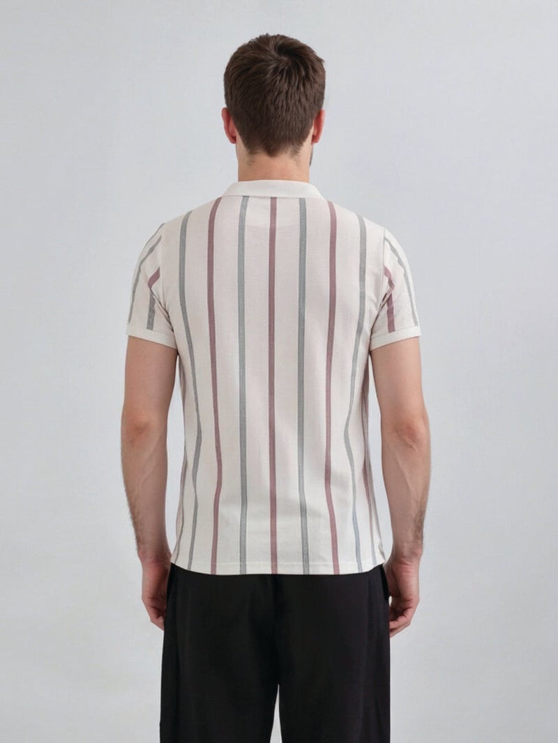 STATUS QUO Striped Regular Fit Off-White Polo Collared T-shirt - Image 3