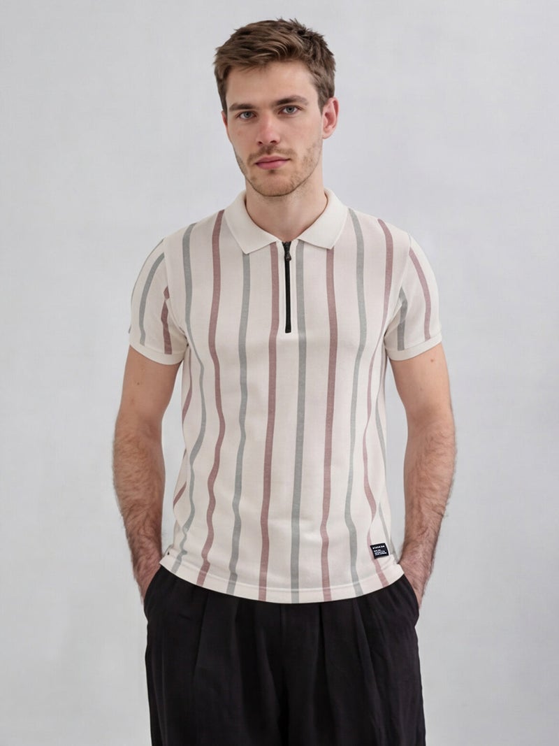 STATUS QUO Striped Regular Fit Off-White Polo Collared T-shirt - Image 1