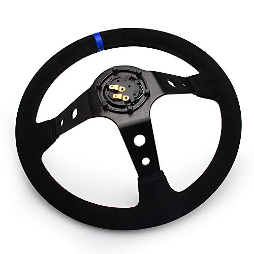 WENJTP 14" 350mm Deep Steering Wheel,Dish 6 Bolt with for Sport Racing Steering Suede Wheel Suede Horn Button US Included, Cable, Wrench Napped Leather Blue? - Image 4