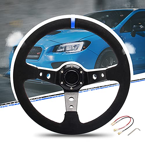 WENJTP 14" 350mm Deep Steering Wheel,Dish 6 Bolt with for Sport Racing Steering Suede Wheel Suede Horn Button US Included, Cable, Wrench Napped Leather Blue? - Image 1