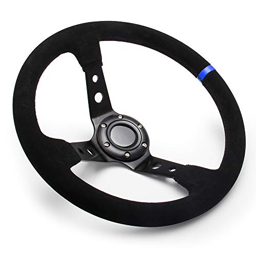 WENJTP 14" 350mm Deep Steering Wheel,Dish 6 Bolt with for Sport Racing Steering Suede Wheel Suede Horn Button US Included, Cable, Wrench Napped Leather Blue? - Image 2