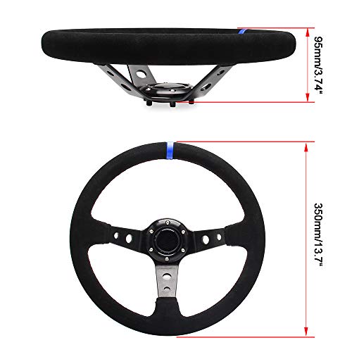 WENJTP 14" 350mm Deep Steering Wheel,Dish 6 Bolt with for Sport Racing Steering Suede Wheel Suede Horn Button US Included, Cable, Wrench Napped Leather Blue? - Image 3