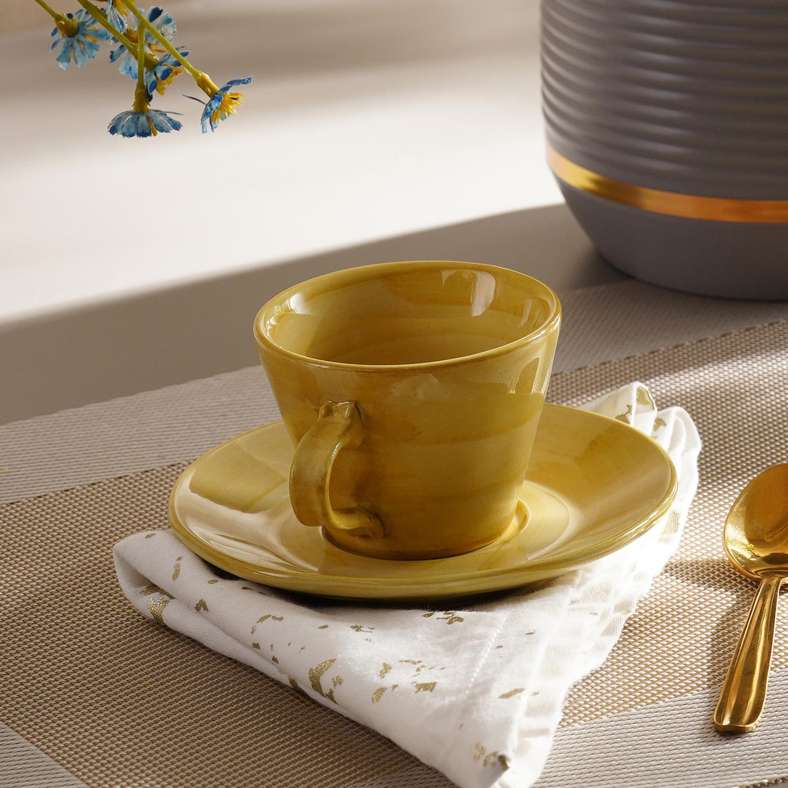 Pan Home Yellow Stoneware Coffee Cup and Saucer Set