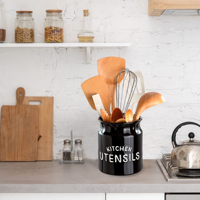 Karisky Utensil Holder, Ceramic Farmhouse Kitchen Utensil Holder for Countertop, 6.5" Large Cooking Utensil Crock for Kitchen Counter, Black - Image 3