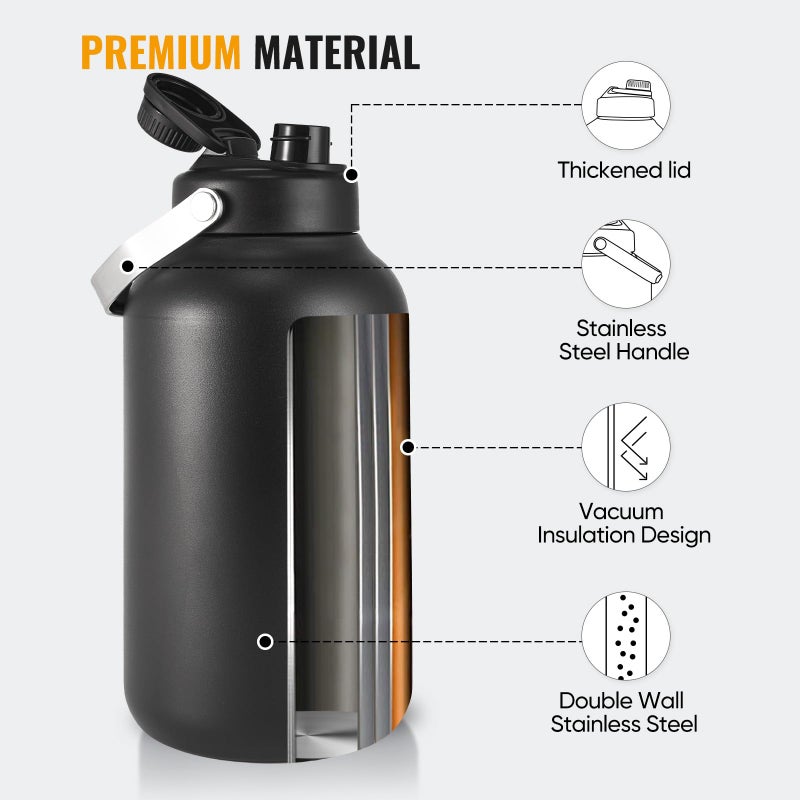 Kerilyn 128oz Insulated Water Bottle With Wide Mouth  One Gallon Stainless Steel Double Vacuum Water Bottle For Hot & Cold Drinks  Big Water Jug With Handle For Sports  Travel  Black - Image 5
