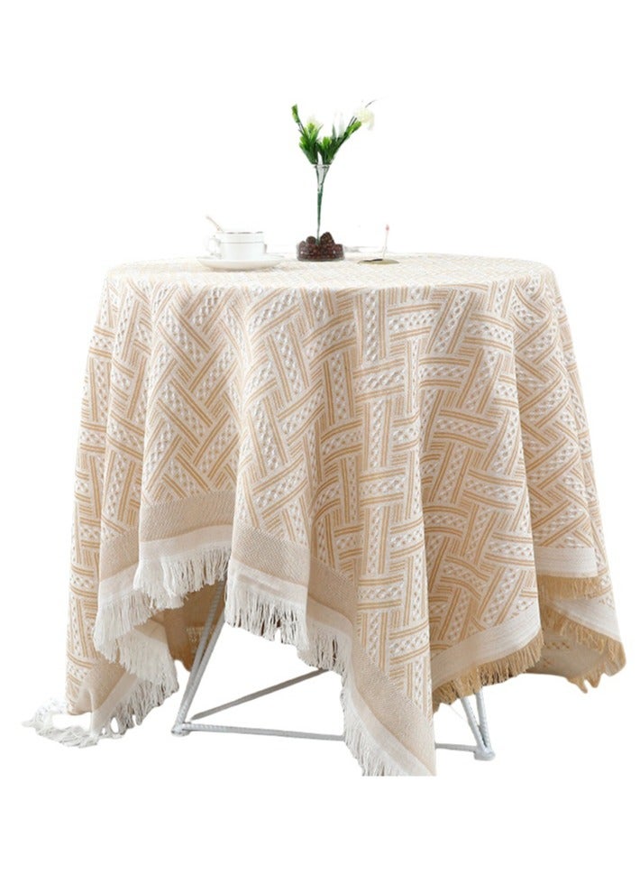 Pastoral stripe embroidered tablecloth heavy small square tassel cotton linen tablecloth wrinkle-free washable tablecloth suitable for round table, square table, bedside coffee table tea table tea cart brown 35.4x35.4 inches - Image 1