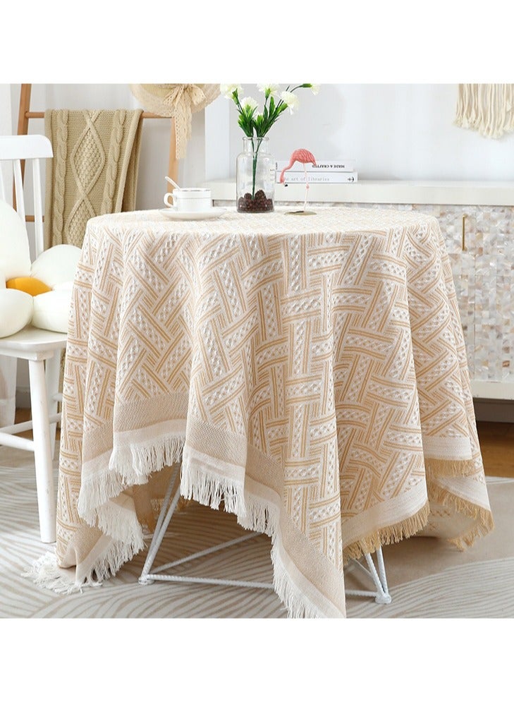 Pastoral stripe embroidered tablecloth heavy small square tassel cotton linen tablecloth wrinkle-free washable tablecloth suitable for round table, square table, bedside coffee table tea table tea cart brown 35.4x35.4 inches - Image 2