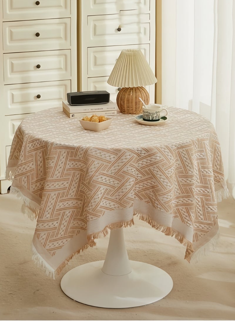 Pastoral stripe embroidered tablecloth heavy small square tassel cotton linen tablecloth wrinkle-free washable tablecloth suitable for round table, square table, bedside coffee table tea table tea cart brown 35.4x35.4 inches - Image 3