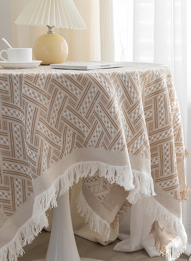 Pastoral stripe embroidered tablecloth heavy small square tassel cotton linen tablecloth wrinkle-free washable tablecloth suitable for round table, square table, bedside coffee table tea table tea cart brown 35.4x35.4 inches - Image 4
