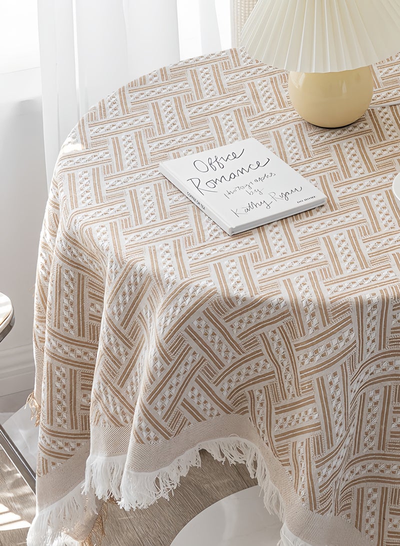 Pastoral stripe embroidered tablecloth heavy small square tassel cotton linen tablecloth wrinkle-free washable tablecloth suitable for round table, square table, bedside coffee table tea table tea cart brown 35.4x35.4 inches - Image 5