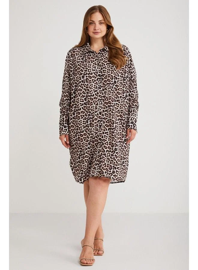 Ethiquet Safarı Women's Plus-Size Shirt-Collar Button-Detail Long Sleeve Leopard Print Dress